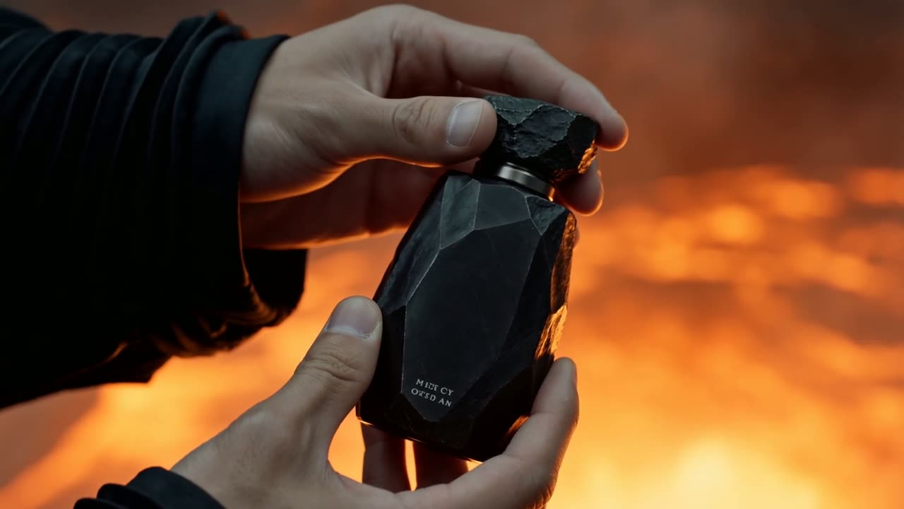 Cinematic still — the hero fragrance bottle held over flowing lava