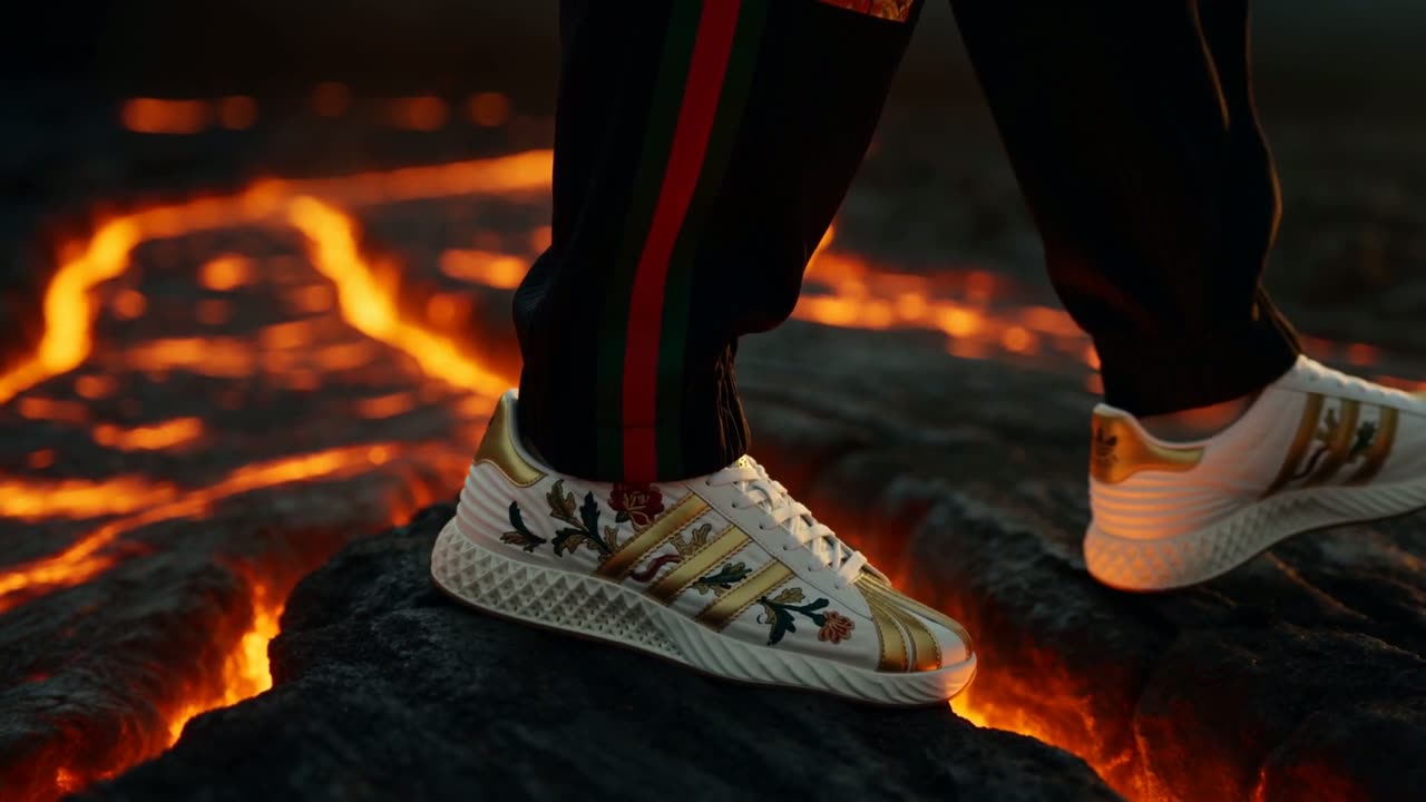 Cinematic still — product detail, sneakers on volcanic rock beside lava